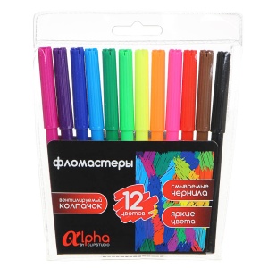 Фломастеры 12цв. ClipStudio Альфа с цв.вент.колпачком, большие, смываемые, пластик, ПРЕМИУМ