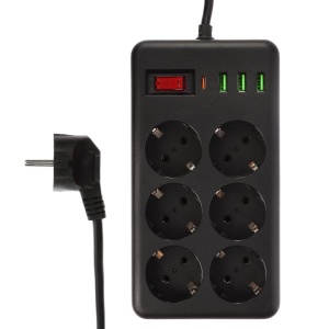 Удлинитель, сетевой фильтр 6 гнезд 3м BY Black, 3*USB, 1*type-C,выкл., 2500Вт,чёрный